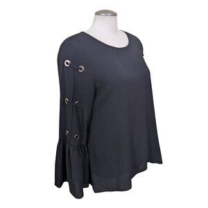 Spense Blouse Women Size Medium Black Split Long Bell Sleeve Grommet Accent